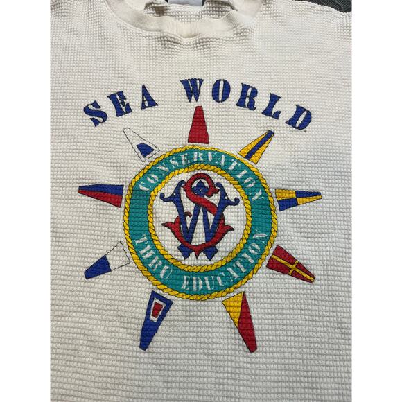 Vintage 80s 90s Sea‎ World Thermal Waffle Knit Shirt Conserve Thru Education - Picture 2 of 10